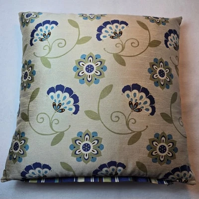 Pier 1 Floral Medallion Botanical Reversible Pillow Striped Accent Throw 17x17 - Image 1 of 4