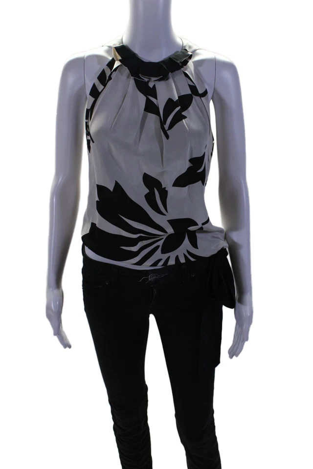 Blusa plisada con estampado floral negra blanca seda Robert Rodriguez para mujer talla 0 Foto 1 de 4