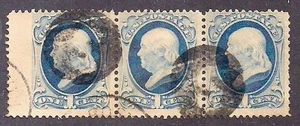Strip of 3 1c Franklin Ultramarine Negative "S" Circle Cancel As Scan (5G44) - Picture 1 of 2