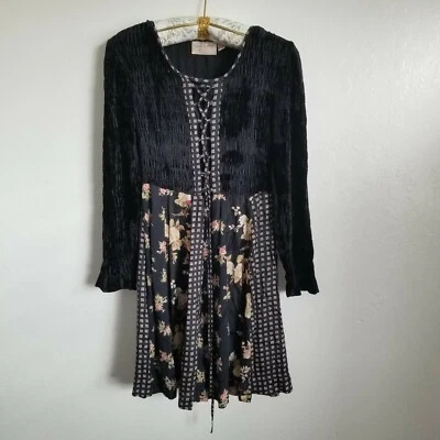 Vestido Floral Vintage Años 70 René Derhy Terciopelo Calado Con Cordones Talla 10 Manga Larga Foto 1 de 4