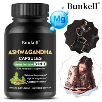 BUNKELL 3-In-1 Organic Ashwagandha Capsules 650mg Supplement w/ Magnesium, Rhodiola