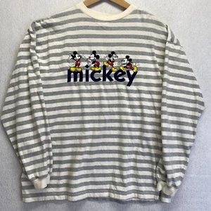 Vtg Disney Store Shirt Gray XL Mickey Mouse Embroidered Striped - Picture 1 of 9