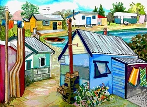 ART JIGSAW PUZZLE 252 pce Holiday Shacks Tasmania souvenir Australian artist - Picture 1 of 3