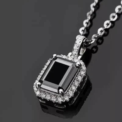 Emerald Cut Simulated Black Diamond Unisex Halo Pendant In 14k White Gold Plated - Image 1 of 4