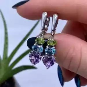 Amethyst, Sky Blue Topaz and Peridot natural gemstone Earrings, silver 925 - Picture 1 of 3
