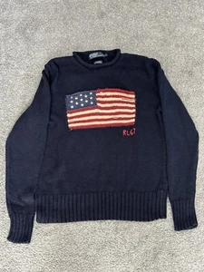 Vintage Polo Ralph Lauren American Flag Knit Sweater Navy Blue Cotton Men's S - Picture 1 of 6