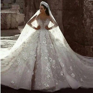 IS-NWT US4 Ball Gown Wedding Dress Beading Flowers Tulle Cathedral Train - Picture 1 of 9