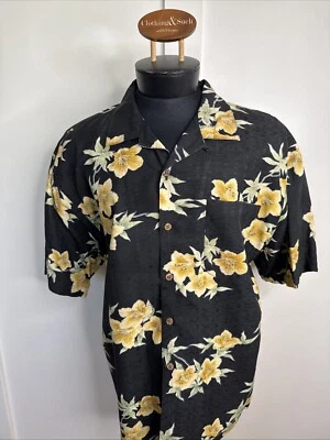 Tommy Bahama XL Black Hawaiian Tropical Camp Shirt Silk Chest Pocket 100% Silk - Image 1 of 4