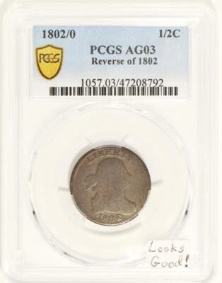 1802/0 реверс 1802 полцента PCGS AG-03; выглядит хорошо! - Изображение 1 из 4