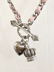 Vintage JUICY COUTURE Heart/Crown Charm/Scepter Toggle/Faux Leather Necklace NWT - Picture 1 of 20