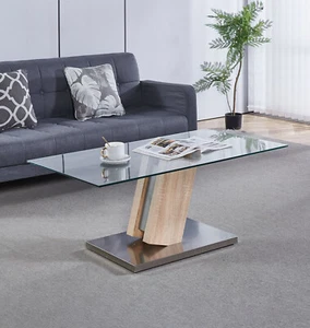 Coffee Table, Glass Table Top, Centre Table in Wood & Metal Base for Living Room - Picture 1 of 8