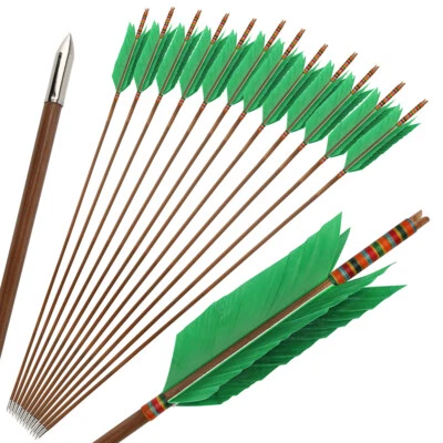 33'' Archery Bamboo Arrow 4 Feather Longbow Traditional Recurve Bow Tips Hunting - Image 1 of 4