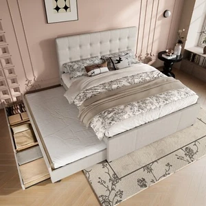 Polsterbett 140x200 Bettgestell mit 90x200 Ausziehbett Bett mit Bettkasten Beige - Bild 1 von 11
