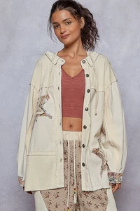 Nuova felpa con cappuccio POL Shacket Placket abbottonata rilassata 100% cotone stella grande avena - Foto 1 di 6