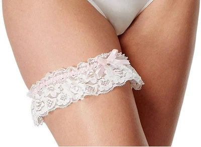 Linea Donatella Lace Garter White Lace and Pink Ribbon, One Size - Image 1 of 2
