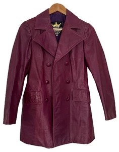 Vintage Coronet Leatherware Burgundy Leather Double-Breasted Coat - Size 10 - Picture 1 of 4