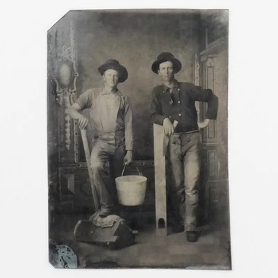 Antique Tintype Photo Victorian Men Hats & Masonry Tools Denim  Blue Jeans Pants - Image 1 of 3
