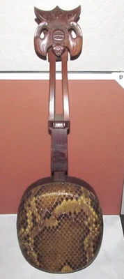 Sanxian Chinese Three String Lute Shamisen, Sanshin Snakeskin Hand Carved Bat - Image 1 of 4