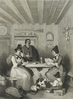 A. PAYNE (1812-1902), Eine Familienszene in Tirol, Stahlstich Romantik 1850-1899 - Bild 1 von 4