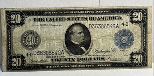 20 dollari 1914 Cleveland Ohio Fed. Banconota di riserva sigillo blu e treno/nave - Foto 1 di 2