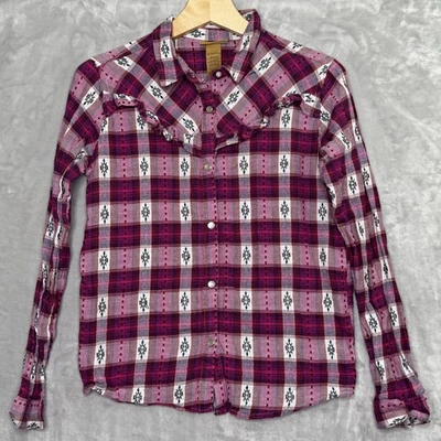 Wrangler Shirt Girls XXL Pink Plaid Western Pearl Snap Long Sleeve Ruffle Trim - Image 1 of 4