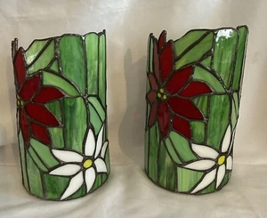 2 VTG Stained Glass Leaded Hurricane Candleholder 1/2 Crcle Poinsettia Christmas - Picture 1 of 6