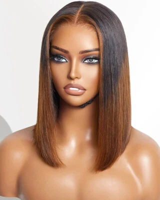 12" Black Mix Brown Glueless Bob Wigs Human Hair Pre Plucked Lace Front Wigs - Image 1 of 4