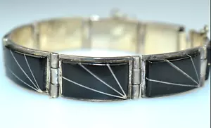 VINTAGE TEME HANDGEFERTIGTES STERLINGSILBER INLAY SCHWARZ RECHTECKIGES LINKARMBAND - Bild 1 von 5