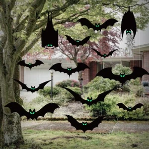 14 PCS Hanging Bats Halloween Decoration Outdoor Black Plastic Bats with Glow... - Picture 1 of 8