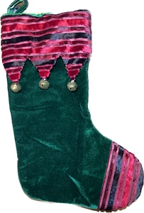 Christmas Stocking Jingle Bells Green Burgundy Striped Christmas Festive Item - Picture 1 of 1