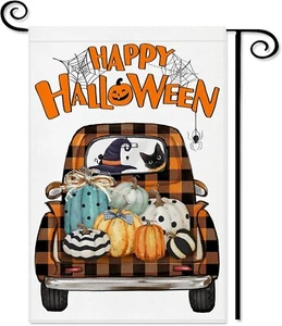 Happy Halloween Camion Bandiera Giardino 12x18 Doppio Lato Bufalo Plaid Pickup Zucca - Foto 1 di 6