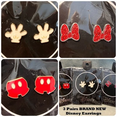LOTE de 3 Pendientes Disney Mickey Mouse ~ Guantes ~ Pantalones ~ Minnie Glitter Bow NUEVO Foto 1 de 4
