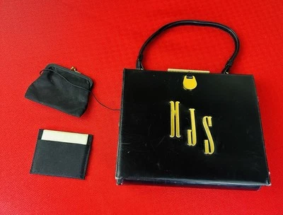 Cartera de Colección Bienen Davis Charol Negro Monograma HJS Espejo Monedero Años 50 Foto 1 de 4