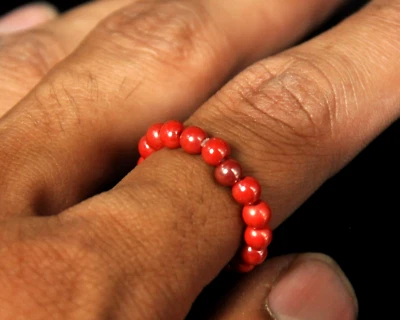 Red Coral Beaded Stretch Ring , Round Pearl Design, Elastic String Ring - Image 1 of 3