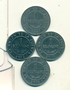 4 DIFFERENT 1 BOLIVIANO COINS from BOLIVIA (1987, 2008, 2010 & 2012) - Picture 1 of 2