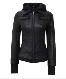 Betty Women Black Removable Hood Rib Knitted Real Sheep Leather Jacket - Picture 1 of 7