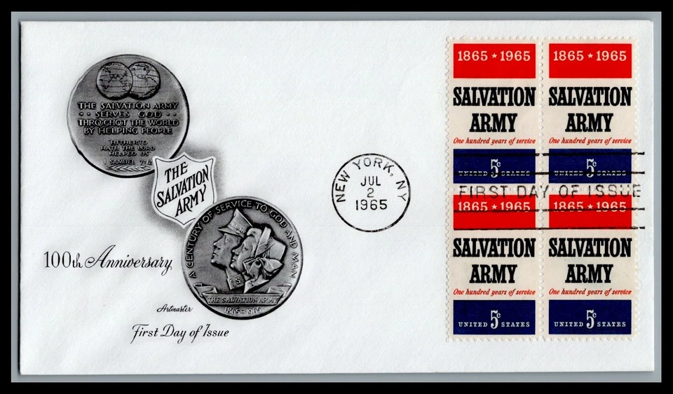 US FDC # 1267 5c Salvation Army Artmaster block  1965, 9L443 - Image 1 of 1