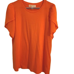 New!! MICHAEL KORS Gold Metal Label on Back Tangerine Orange S/S Womens Top Sz L - Picture 1 of 6
