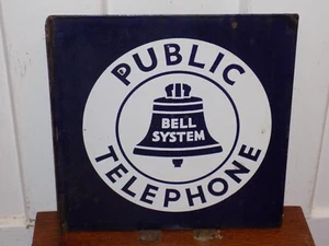 Vintage Public Telephone Bell System Porcelain Double Sided Flange Sign - Picture 1 of 4