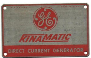 VTG GE GENERAL ELECTRIC 'KINAMATIC DIRECT CURRENT GENERATOR' METAL PLATE! 4x3" - Picture 1 of 4