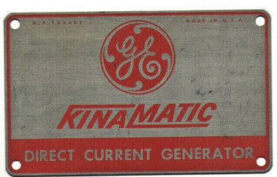 VTG GE GENERAL ELECTRIC 'KINAMATIC DIRECT CURRENT GENERATOR' METAL PLATE! 4x3" - Image 1 of 4