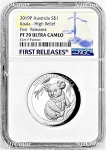 2019 P Australia HIGH RELIEF 1oz Silver Koala $1 Coin NGC PF70 FR LABEL COA - Picture 1 of 6