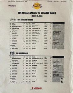 Los Angeles Lakers Roster Sheet Kobe Bryant, ShaQ, Malone, Payton, Etc. (2004) - Picture 1 of 1