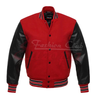 Varsity Letterman Baseball Red Wool Jacket with Black Real Leather Sleeves & Rib - Image 1 of 4