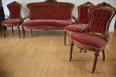Antique Victorian Carved Grapes Walnut Tufted Parlor Sofa + Three Parlor Chairs - Image 1 of 4