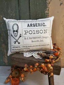 VINTAGE PRIMITIVE STEAMPUNK HALLOWEEN POISON ARSENIC SKULL BONES SKELETON PILLOW - Picture 1 of 6