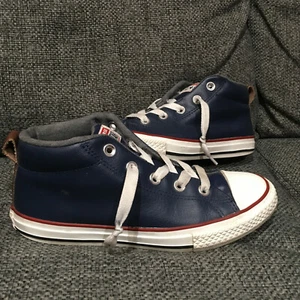Youth Converse All Star BLUE Leather Ankle Lace up Sneaker Shoes Unisex Sz 4 36 - Picture 1 of 12
