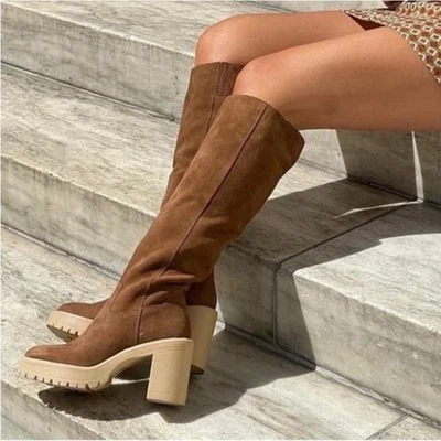 Dolce Vita Corry H2O Tall Leather Knee-High Lug Sole Boots Tan Waterproof Sz 8.5 - Image 1 of 4