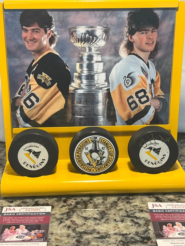 Mario Lemieux Jaromir Jagr Penguins Firmado Disco Exhibición con Certificado de Autenticidad JSA SIN RESERVA Foto 1 de 4
