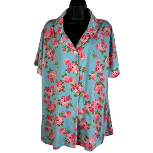 Pijama Top Cabecera Algodón Orgánico Mujer 2XL Estampado Floral Rosas PJ Azul Rosa - Imagen 1 de 17